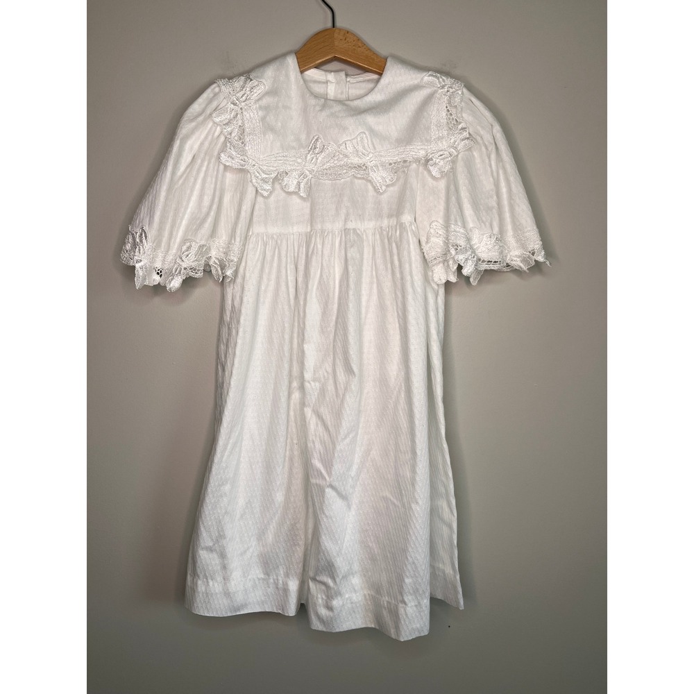 1990s Sarah Kent Crisp White Church Lace Cottage Christening Sailor Dress 6X